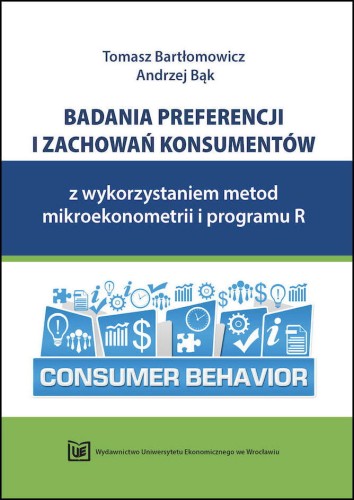 Okładka w biało-niebiesko-zielonej kolorystyce. W centralnej części pasek z ikonami symbolizującymi konsumpcję, handel i badania, poniżej napis „Consumer Behavior”. Na dole logo Wydawnictwa UEW