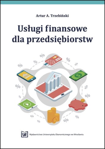Okładka książki ma białe tło, granatowy tytuł oraz grafikę przedstawiającą tablet z ikoną banku otoczony symbolami pieniędzy, kart, monet, świnki skarbonki i procentów.