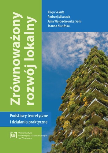 Okładka podzielona pionowo na dwa kolory, zielony z tytułem książki  i błękitnym na którym jest wieżowiec porośnięty drzewami.