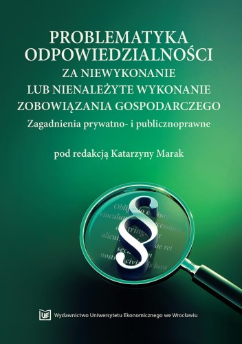 Okładka w ciemnej zieleni, na środku lupa powiększająca znak paragrafu, jasny tytuł u góry, logo na dole.