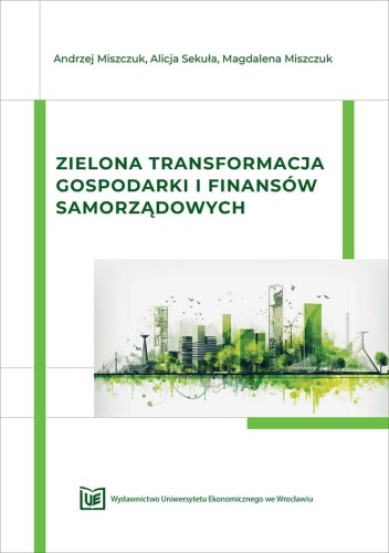 Biała okładka na jej środku futurystyczna grafika zielonego miasta, nad nią zielonymi literami tytuł.
