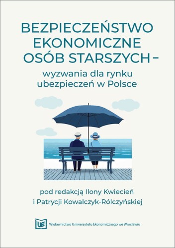 Jasna okładka przedstawia starszą parę siedzącą na ławce nad morzem pod granatowym parasolem. Nad nimi znajduje się tytuł książki w niebieskim kolorze. Na dole dane redakcyjne i logo wydawnictwa.