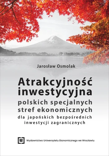Okładka książki Jarosława Osmolaka pt. Atrakcyjność inwestycyjna. Na górze czerwone liście klonu, w tle czarno-biały krajobraz z górą Fuji i jeziorem, poniżej czarne litery tytułu.