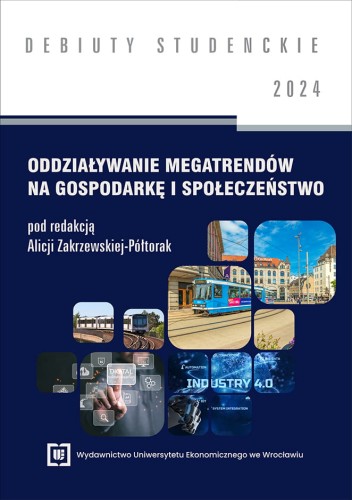 Okładka w kolorach bieli i granatu, pośrodku kafelki przedstawiające miasto z jadącym tramwajem, pociąg sunący po szynach i wirtualny sztuczny świat.
