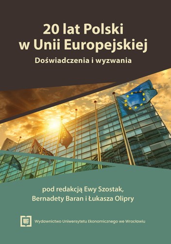 Okładka podzielona poziomo na trzy części, u góry na brązowym tle tytuł, poniżej zdjęcie szklanego budynku na jego tle flagi Unii Europejskiej u dołu zieleń z logiem wydawnictwa.