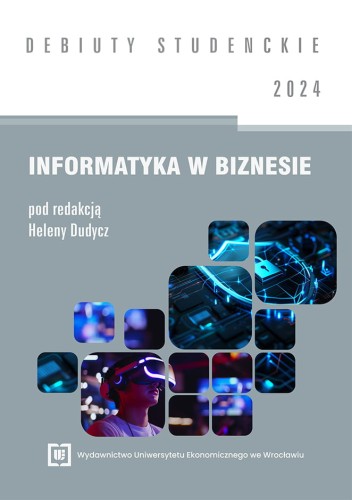 Okładka szaro-biała z tytułem „Informatyka w biznesie”. Grafika: niebieskie i fioletowe ikony technologiczne połączone liniami  oraz człowiek patrzący przez okulary VR. Logo UE Wrocław na dole.