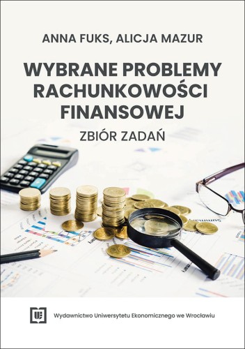 Kremowa okładka przedstawiająca atrybuty księgowego: kalkulator, lupę, okulary, ołówek i monety.
