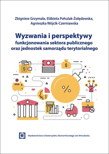 Okładka książki o wyzwaniach sektora publicznego. Na białym tle tytuł oraz kolorowe ikony przedstawiające budżet, instytucje publiczne, procenty, dokumenty i finanse.