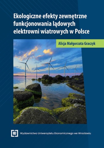 Na okładce widoczne są stojące w wodzie turbiny wiatrowe na tle kolorowego zachodu słońca. Na pierwszym planie znajdują się kamienie pokryte zielonym mchem. U góry umieszczono tytuł książki i nazwisko autorki.