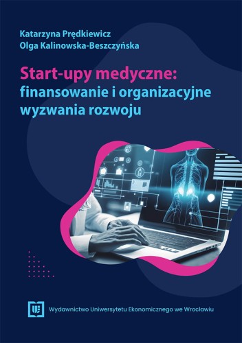 Okładka książki  w granatowym kolorze, u góry różowo-błękitny tytuł, poniżej  grafika laptopa z cyfrową wizualizacją ludzkiego ciała.