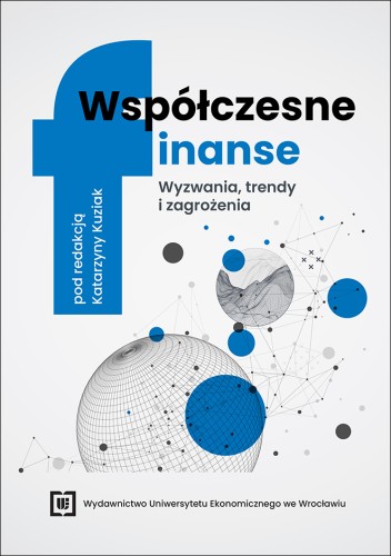 Jasna okładka książki  z nowoczesną grafiką: niebieskie i szare geometryczne kształty, siatki oraz połączone punkty symbolizujące sieci i dane finansowe.