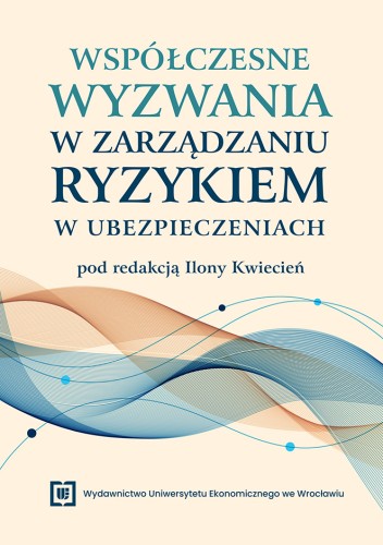 Na jasnym tle okładki widoczne są płynne, przecinające się niebieskie i pomarańczowe linie oraz punkty, symbolizujące analizę ryzyka, dane i zależności. U góry błękitno-granatowy tytuł, na dole logo wydawnictwa.