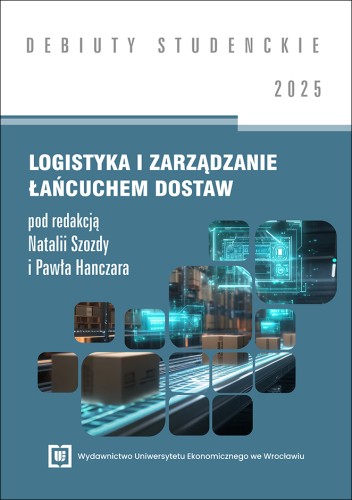 Biało-turkusowa okładka serii, na środku kafelki przedstawiające taśmociąg transportujący paczki.