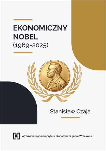 Biała okładka książki. U góry tytuł, poniżej złoty medal Nobla w wieńcu laurowym i nazwisko autora. W narożnikach czarne i złote elementy graficzne. Na dole logo wydawnictwa.