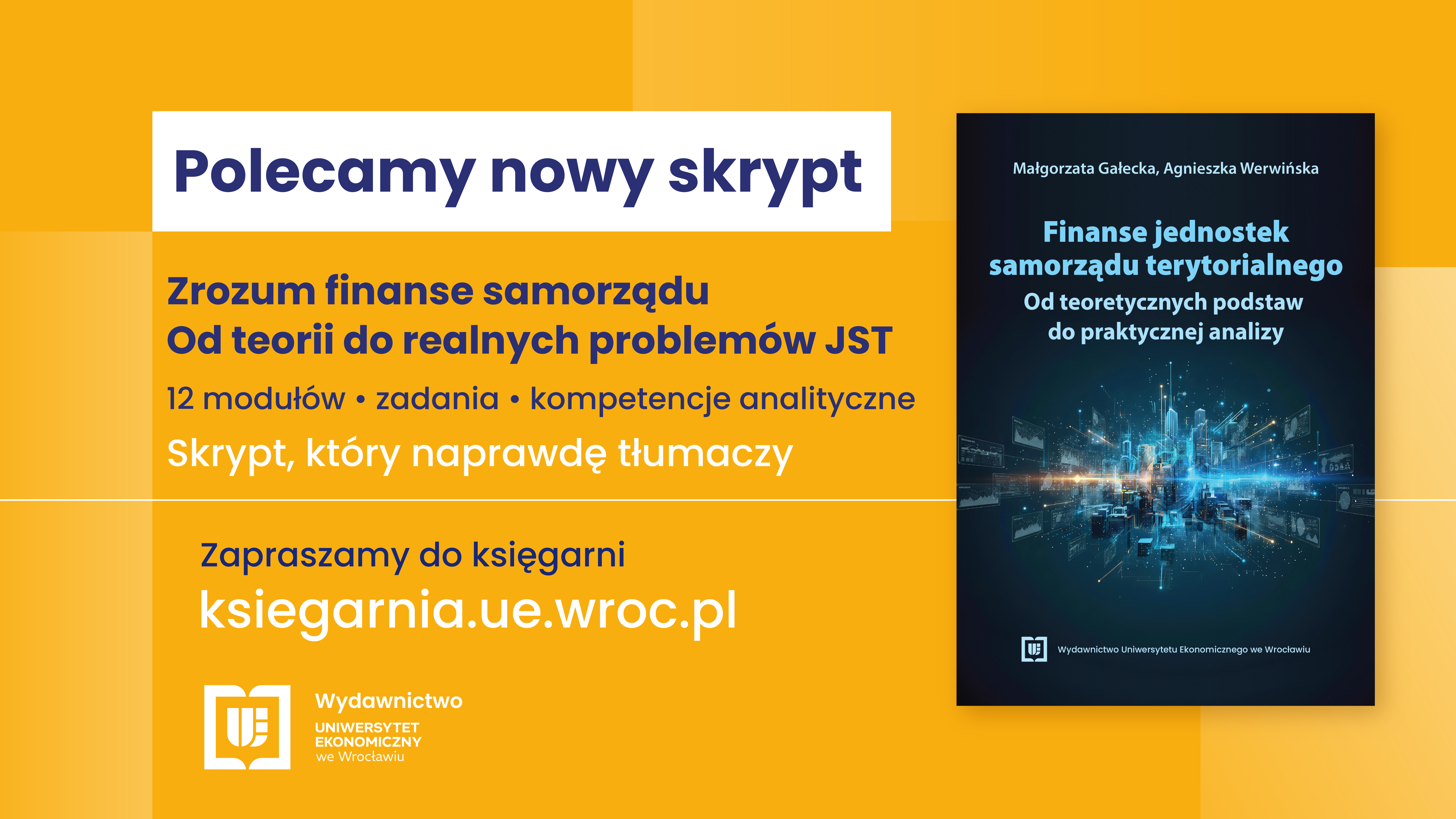 Żółty baner z logo wydawnictwa i okładką polecanego skryptu pt. Finanse jednostek samorządu terytorialnego... .