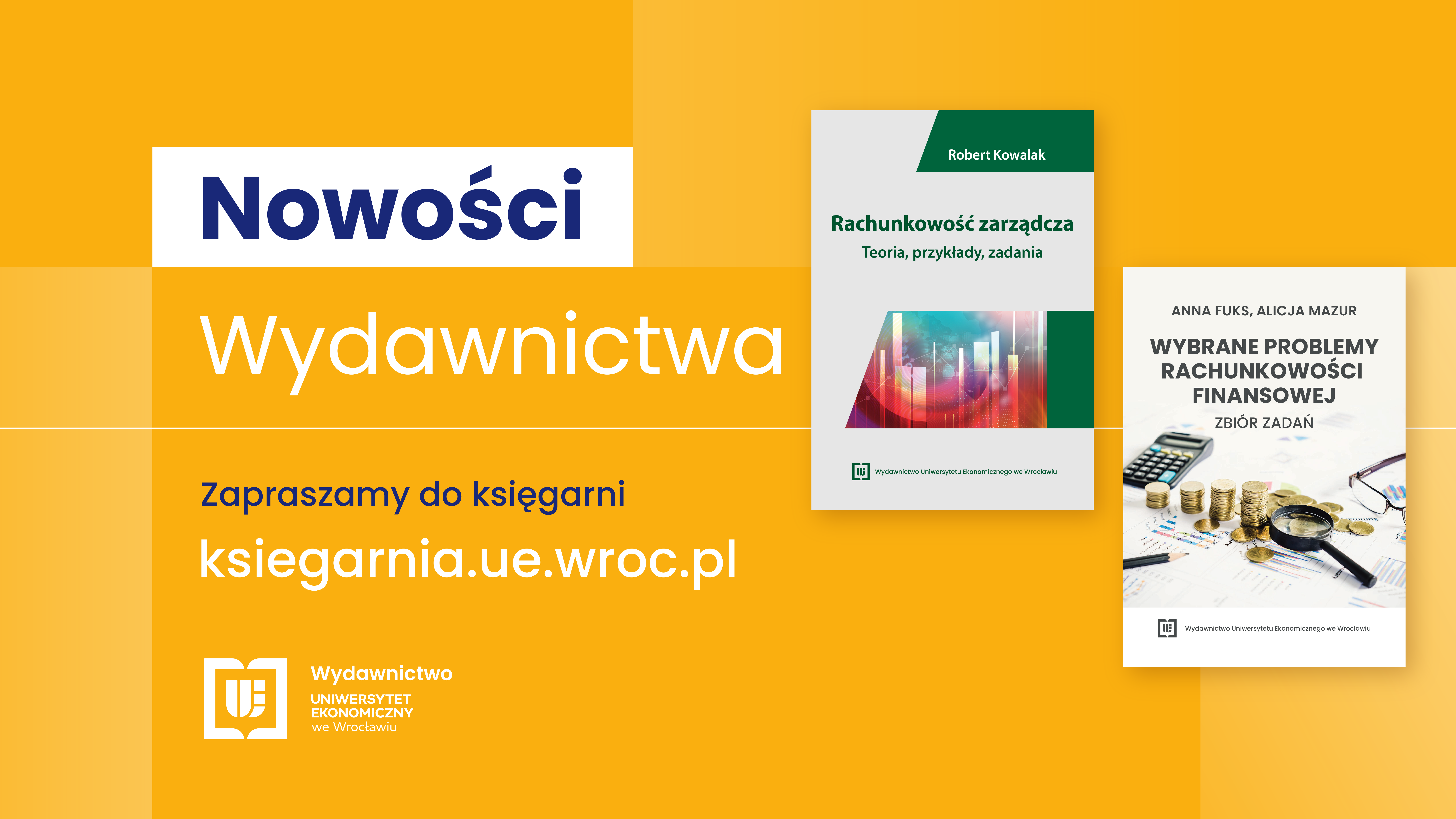 Żółty baner ukazujący dwa nowe podręczniki z rachunkowości.